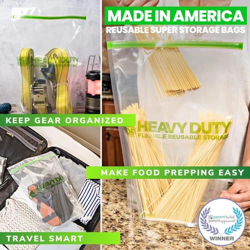 Vista 5 de 50 x HEAVY DUTY 5mils Thick Dishwasher-Safe STAND-UP Reusable Bags, US-MADE, Extra Durable Washable Reclosable Food Storage Extra Large Bags, XXL