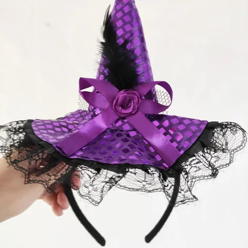 Vista 5 de 2 piezas de sombrero de bruja de Halloween diadema púrpura negro calcetines calcetines de plumas lentejuelas encaje diadema mujeres bruja bandas