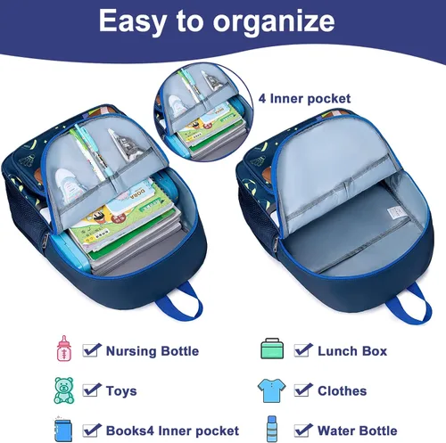 Vista 6 de BTOOP Mochila escolar para niños, mochila escolar para preescolar y jardín de infantes con unicornio con clip para el pecho, Sportball-azul marino