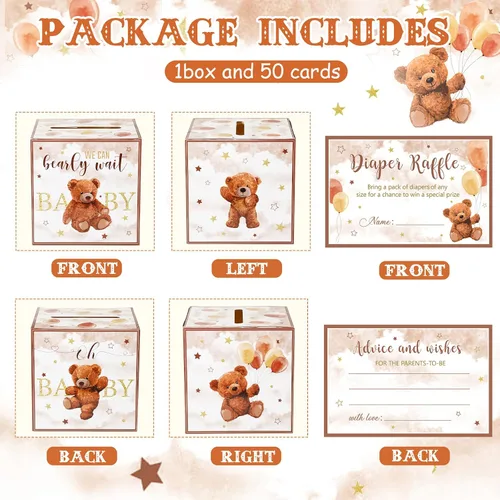 Vista 3 de Fumete 51 piezas Caja de tarjetas de rifa de pañales con osos con tarjetas de rifa de pañales insertadas, No podemos esperar, para baby shower