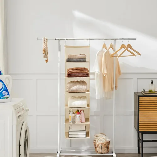 Vista 7 de MAX Houser Organizador colgante de armario de 6 niveles, estante colgante de tela con 2 ganchos resistentes para almacenamiento, plegable (beige)
