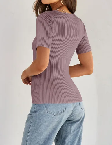 Vista 4 de ZESICA Women's 2024 Short Sleeve Square Neck T Shirts Slim Fitted Summer Ribbed Knit Basic Casual Tee Tops
