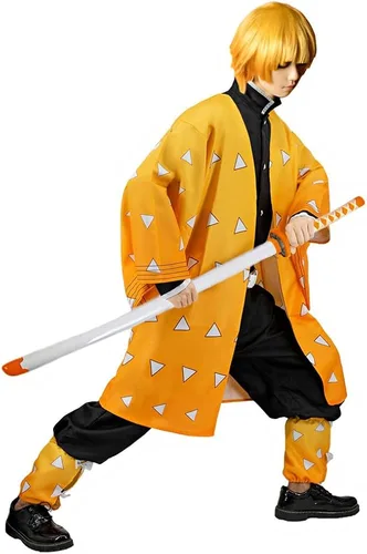Vista 4 de Buyoem Zenitsu - Disfraz de cosplay para niños y adultos, kimono de anime para Halloween, cosplay, capa tipo kimono con aretes para peluca