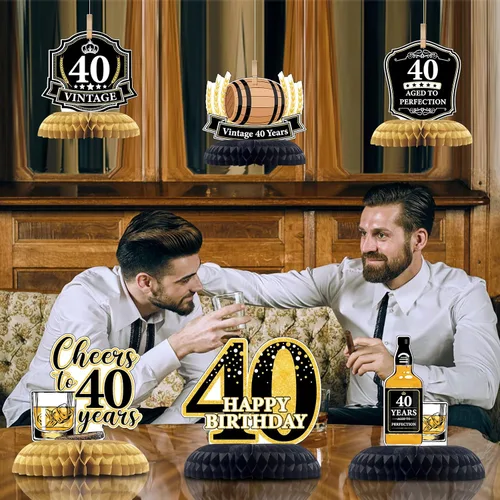 Vista 5 de Centros de mesa de panal de abeja de whisky de 40 años, 6 piezas de decoraciones de cumpleaños de edad a 40 perfección, decoraciones de cumpleaños