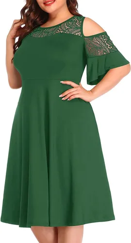 Vista 2 de Pinup Fashion Vestidos midi con cuello de malla y hombros descubiertos de talla grande para invitados de boda con bolsillos
