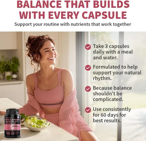 Vista 7 de Myo-inositol 40:1 para mujeres – Suplemento de inositol con mio y D-Chiro inositol, folato y vitamina D3 – Cápsulas veganas para rutina diaria