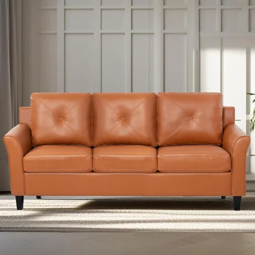 Vista 8 de Naomi Home Raelynn - Sofá de microfibra con botones, color negro Sofá de microfibra con botones de mediados de siglo con marco de madera dura