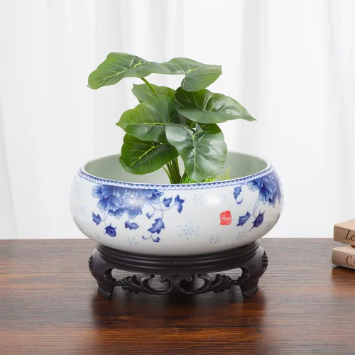 Vista 8 de Yardwe Maceta Lotus con soporte, maceta de cerámica para lirio de agua, narciso, plantas hidropónicas, suculentas, decoración de jardín de oficina