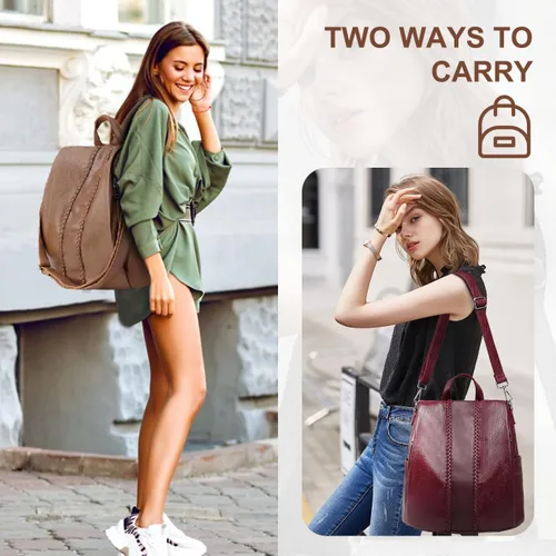 Vista 7 de VASCHY - Mochila para mujer, de piel sintética, moderna, antirrobo, mochila para mujer, con tejido clásico., Marrón), VAAU061BR