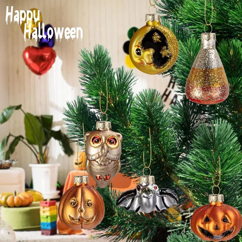 Vista 4 de Deloky 6 adornos colgantes de vidrio soplado de Halloween, decoración de Halloween, decoración de árbol de vidrio, adornos de Halloween, murciélago