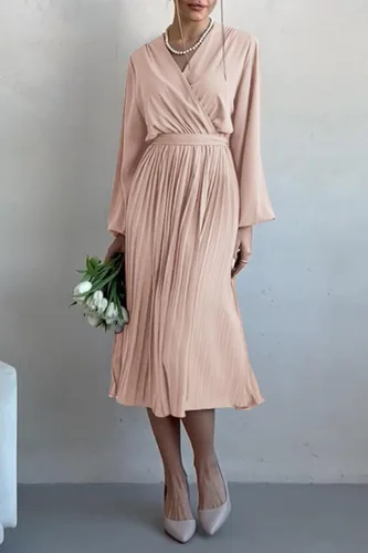 Vista 4 de PRETTYGARDEN Vestido Midi de Primavera para Mujer con Manga Larga Abombada, Cuello en V Envolvente, Fluido, con Volantes Plisados, Vestidos Casuales