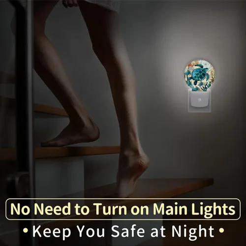 Vista 5 de Juego de 2 luces nocturnas de tortugas marinas enchufables a la pared, con sensor automático del anochecer al amanecer, lámparas LED de decoración