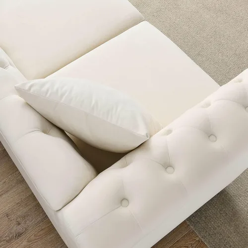 Vista 8 de Sofá Chesterfield de terciopelo beige de 80 pulgadas para sala de estar, 2 piezas, sofá de 3 plazas, con botones copetudos, respaldo curvado, brazos