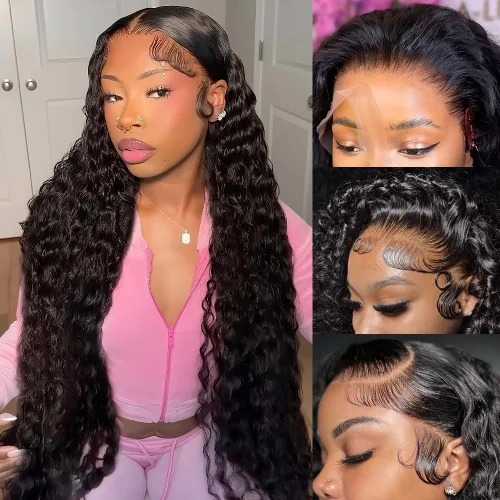 Vista 16 de Wingirl - Pelucas de cabello humano con encaje frontal HD de 13 x 4 pulgadas, prearrancadas con abuelitos 180 Density Brazilian Deep Wave Frontal
