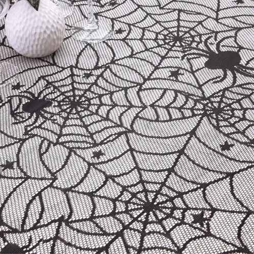 Vista 2 de Rockcloud Mantel rectangular de encaje de poliéster para decoración de Halloween, cenas, 71 x 53 pulgadas 71 x 53 inches, Black Spider Web Table