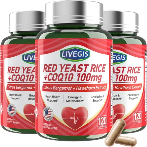 Vista 10 de Arroz de levadura roja de 2000 mg con CoQ10 100 mg - Suplemento de salud cardíaca sin citrinina con bergamota cítrica y espino - Apoya niveles