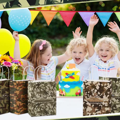 Vista 5 de Tallew Paquete de 24 bolsas de regalo de camuflaje para fiesta de cumpleaños, bolsas de regalo temáticas de camuflaje para niños y niñas, baby