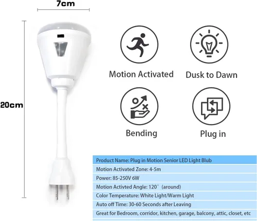 Vista 6 de Luz nocturna enchufable con sensor de movimiento, luz LED con sensor infrarrojo de 6W, luz AC 85-265V PIR sensor infrarrojo detector de movimiento