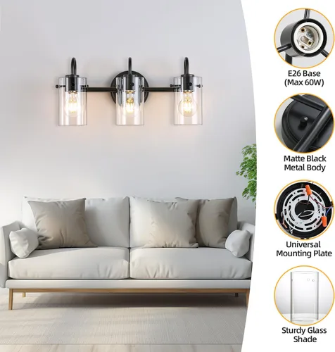 Vista 3 de 3 luces de tocador, lámparas de pared de baño negro mate sobre el espejo, aplique de pared moderno con pantalla de vidrio transparente, lámpara
