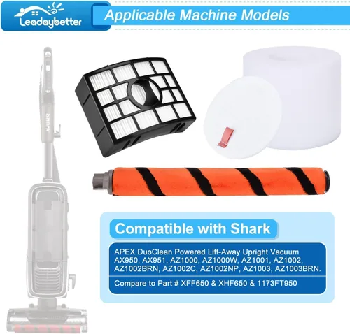 Vista 2 de Leadaybetter Filtro de repuesto para Shark APEX DuoClean Lift-Away AX950 AX951 AZ1002 AZ1000 AZ1000W, 1 filtro negro, 2 filtros de espuma y fieltro