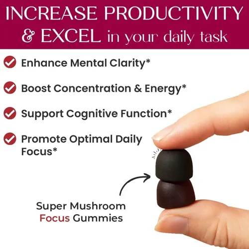Vista 8 de Auri Nutrition Super Mushroom Focus Gummies con melena de león, Alpha GPC y Rhodiola - Suplemento de hongos para apoyar la función cognitiva