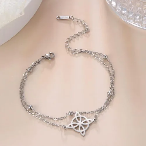 Vista 4 de Pulsera de nudo de brujas para mujer, de acero inoxidable, nudo celta con símbolo Wiccano, pulsera en capas, dije único, pulsera ajustable de doble
