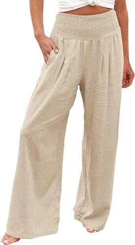 Vista 27 de SHAOBGE Pantalones palazzo de verano para mujer, cintura alta, pierna ancha, casual, cintura elástica, pantalones de playa con bolsillos