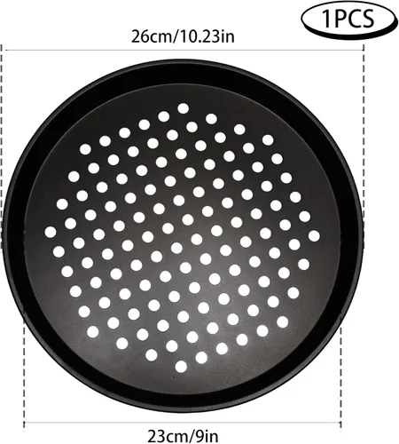 Vista 2 de Sartén redonda de pizza de 10 pulgadas con agujeros, sartenes de acero al carbono para pizza congelada y casera, bandeja de pizza antiadherente