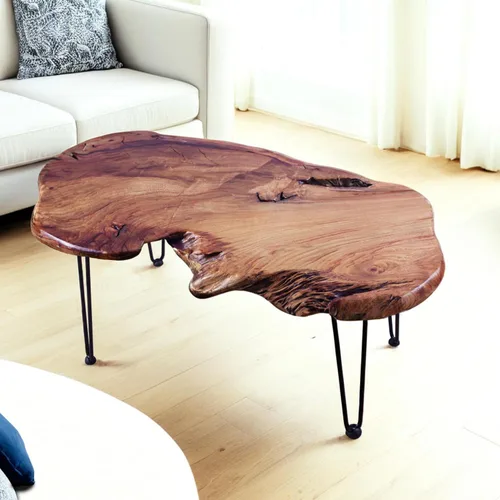 Vista 7 de Mesa de centro de madera natural, mesa de centro única de borde vivo para sala de estar