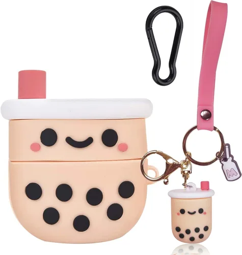 Vista 7 de Funda protectora de silicona para Airpods con llavero, diseño de té con leche Boba rosa femenino, a prueba de golpes, compatible con AirPods 1 y 2
