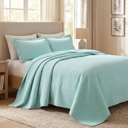 Vista 2 de Cubrecama doble Superior Diamond Solitaire de algodón de primera calidad Jacquard Matelassé con fundas de almohada a tono, color aguamarina, Agua
