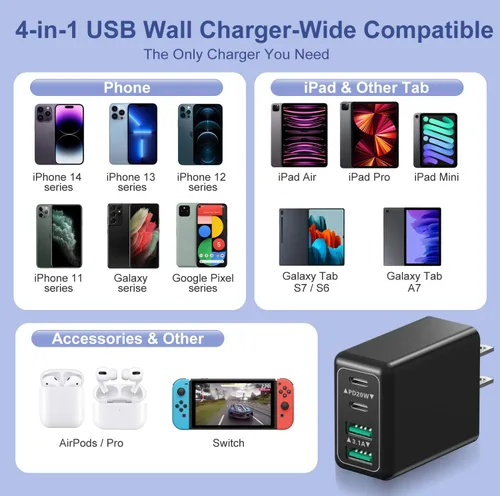 Vista 6 de Costyle - Cargador de pared USB C de 40 W, bloque de cargador rápido USB C de 4 puertos, adaptador de corriente PD dual+enchufe de pared QC