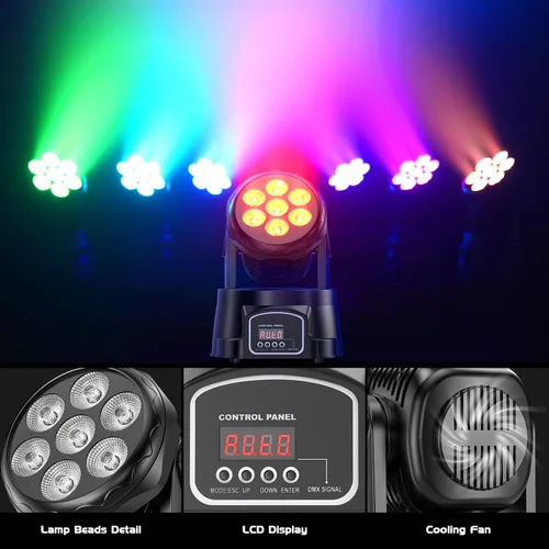 Vista 3 de U`King Luz de cabeza móvil RGBW LED Efecto de iluminación de escenario, 7 x 10 W, cabezales móviles, luces de lavado por DMX y control remoto