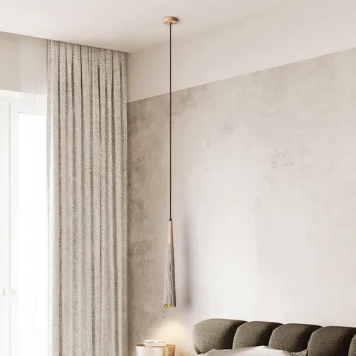 Vista 4 de Lámpara colgante de hormigón de estilo japonés, cable ajustable, lámpara colgante de cemento en forma de cono de isla de cocina con acento de madera