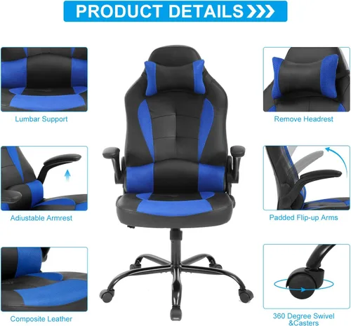 Vista 4 de Meet perfect Silla ergonómica para juegos con soporte lumbar, color azul
