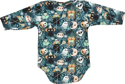 Vista 2 de Unique Baby Mameluco unisex con diseño de búho de Halloween y calabazas, Morado