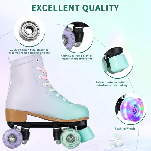 Vista 3 de jessie Roller Skates Women, PU Leather Flash Women Roller Skates, Fantasy Adjustable Purple Green Four-Wheel Beginner Adult Roller Skates Girl