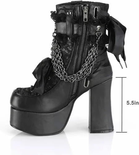 Vista 3 de MSYINGL Botas de plataforma para mujer, botas de tobillo gruesas con cremallera lateral, con cadena y corbatín, botas góticas punk de moda
