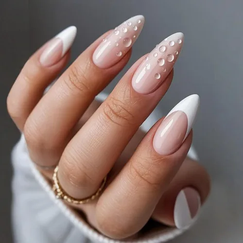 Vista 13 de IMSOHOT Uñas postizas a presión con forma de almendra, francesas, color azul medio, uñas postizas degradadas con purpurina con diseños de diamantes