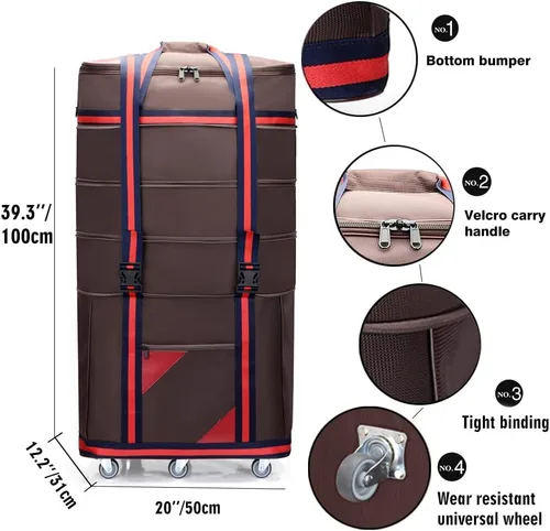 Vista 3 de ELDA Maleta plegable expandible para hombres y mujeres, bolsas de viaje con ruedas universales, equipaje ligero de gran capacidad, Marrón, Correas