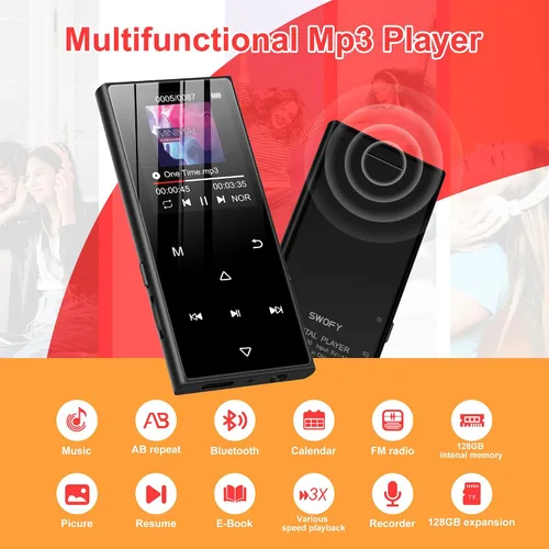 Vista 5 de Reproductor MP3 de 128 GB con Bluetooth 5.3 - Reproductor de música SWOFY D50 con altavoz HD integrado, radio FM, grabadora de voz, sonido de alta