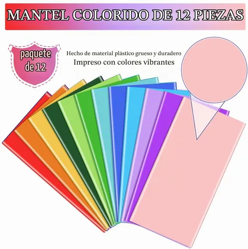Vista 4 de Paquete de 12 manteles de plástico desechables de plástico de colores surtidos, manteles rectangulares coloridos para fiesta de arcoíris