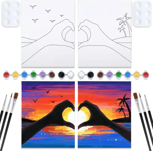 Vista 11 de VOCHIC Kit de pintura para sorbos y pinturas, lienzo predibujado para parejas, kit de pintura para adultos, citas, noche, puesta de sol, playa