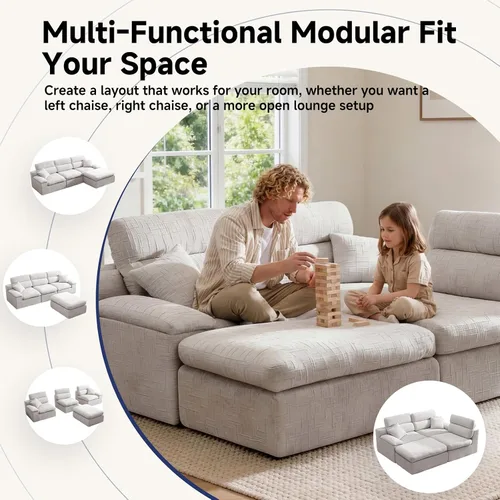 Vista 6 de Sofá modular deshuesado de 110 pulgadas con otomana, sofá cama en forma de L para sala de estar, sofá modular sin montaje, sofá profundo de tela