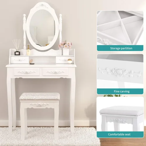 Vista 5 de SkiPack NA - Juego de mesa de tocador con 4 cajones, tocador de maquillaje con taburete acolchado, juego de muebles de dormitorio para niñas y Blanco