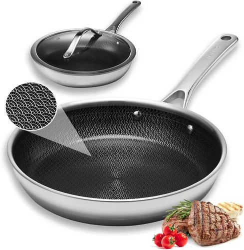 Vista 2 de Woks & Sartenes antiadherentes híbridos de acero inoxidable de tres capas Wok10 pulgadas con tapa, interior texturizado Wave Etch, apto
