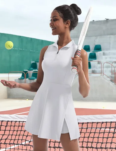 Vista 4 de CUGOAO Vestido de tenis para mujer, vestido de golf, vestido de entrenamiento con pantalones cortos y bolsillos para vestidos deportivos sin mangas