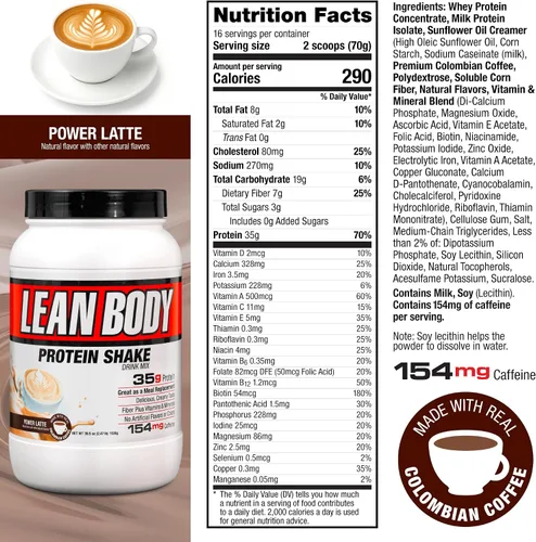 Vista 5 de Labrada Lean Body MRP con café colombiano premium (154 mg de cafeína), Power Latte, envase de 2.47 libras
