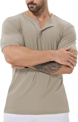 Vista 3 de Camisa Henley de ajuste seco para hombre, ropa de gimnasio, camiseta de entrenamiento de manga corta, camiseta atlética clásica y casual