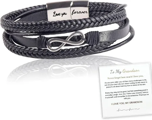 Vista 13 de Pulsera de cuero trenzado con texto en inglés «Love You Forever» para hombres y niños, pulsera inspiradora de acero inoxidable, pulsera de cuero